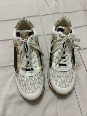 Michael Kors - White, Gold, and Brown MK Logo Trainer Sneakers
